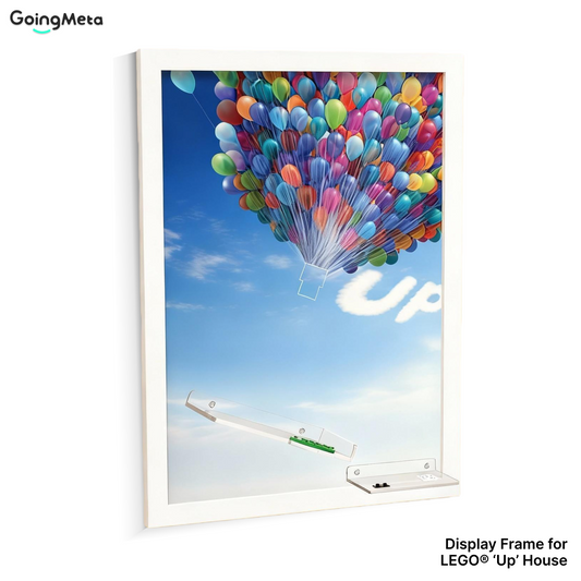 Display Frame for LEGO 43217 Up House, Brushed Aluminum Wallboard with Cloud Backdrop and 2 Display Shelves, Protective Wall Mount Showcase for Up House LEGO Set