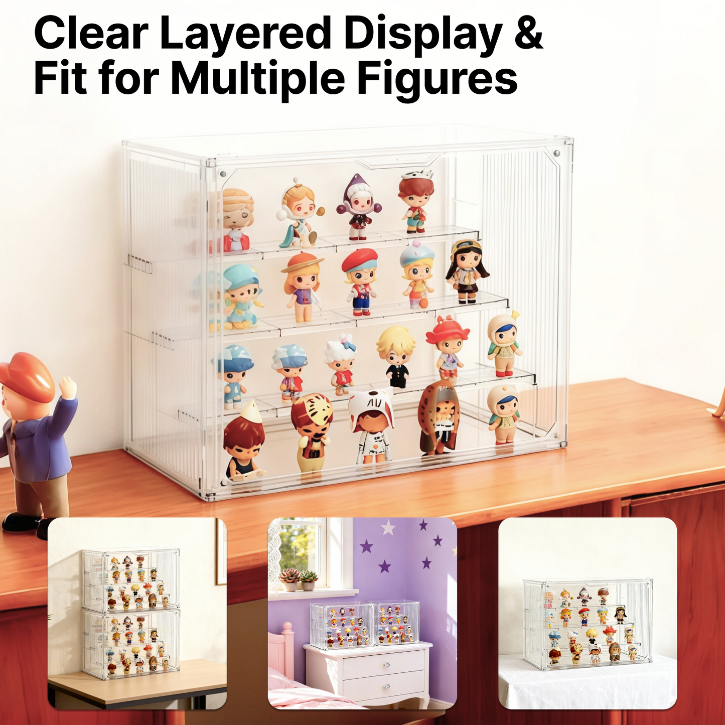 4-Tier Clear Acrylic Display Case for Funko Pop, Labubu, Disney Stitch, SKULLPANDA, Crybaby, DIMOO, Twinkle Twinkle, Sonny Angel, Tiny Tan, Barbie & Mini Collectibles, Dustproof Stackable Showcase