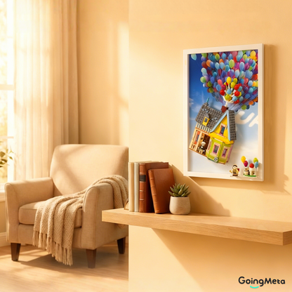 Display Frame for LEGO 43217 Up House, Brushed Wood Wallboard with Cloud Backdrop and 2 Display Shelves, Protective Wall Mount Showcase for Up House LEGO Set