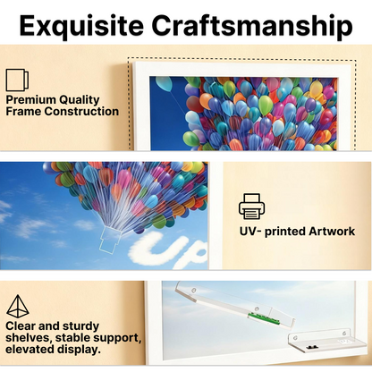 Display Frame for LEGO 43217 Up House, Brushed Wood Wallboard with Cloud Backdrop and 2 Display Shelves, Protective Wall Mount Showcase for Up House LEGO Set