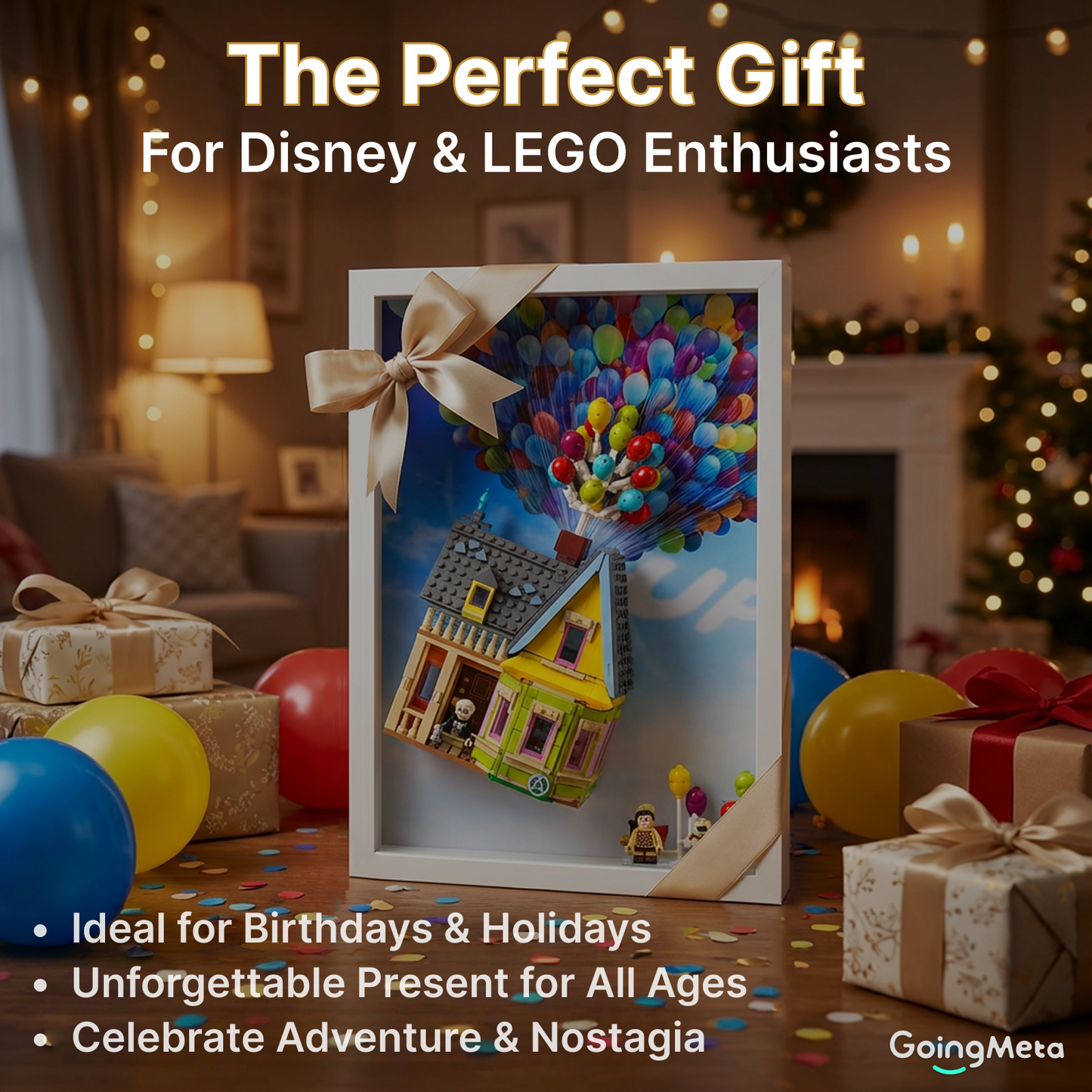 Display Frame for LEGO 43217 Up House, Brushed Wood Wallboard with Cloud Backdrop and 2 Display Shelves, Protective Wall Mount Showcase for Up House LEGO Set