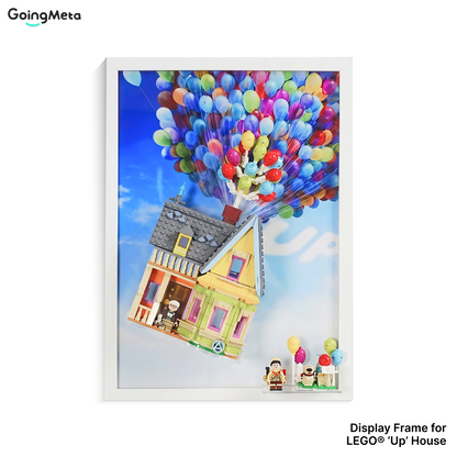 Display Frame for LEGO 43217 Up House, Brushed Wood Wallboard with Cloud Backdrop and 2 Display Shelves, Protective Wall Mount Showcase for Up House LEGO Set